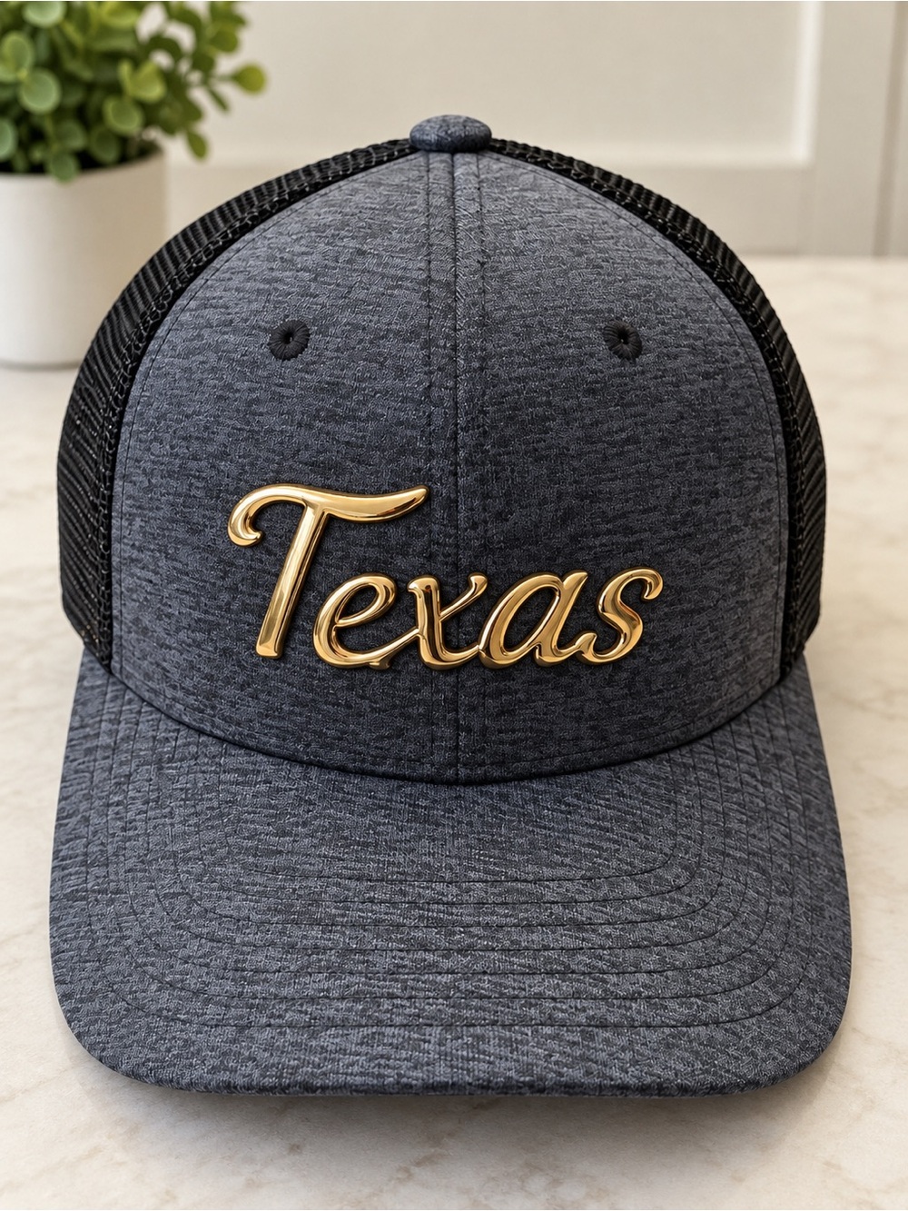 Texas Script Trucker Cap - Gray & Black with Gold Accent
